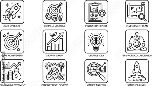 Startup Line Icons Set - Vector Business Innovation, Rocket Launch, Strategy, and Planning Symbols