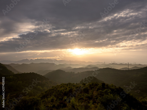 Panoramic View Of Taihang Mountains Sunrise New Energy Wind Power Morning Fog Mountain Landscape And Wind Farm At Dawn