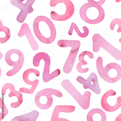 Quadro su tela Watercolor pink numbers seamless pattern with digits 0 to 9 on white background