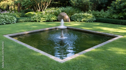 Garden pond with fountain and green manicured lawn