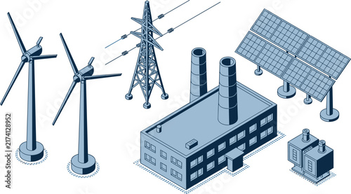 Isometric green energy infrastructure vector set featuring wind turbines solar panels power tower and factory building