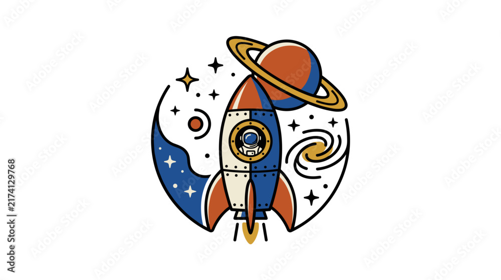 Fototapeta premium Retro rocket ship blasting off into outer space with planets and stars.