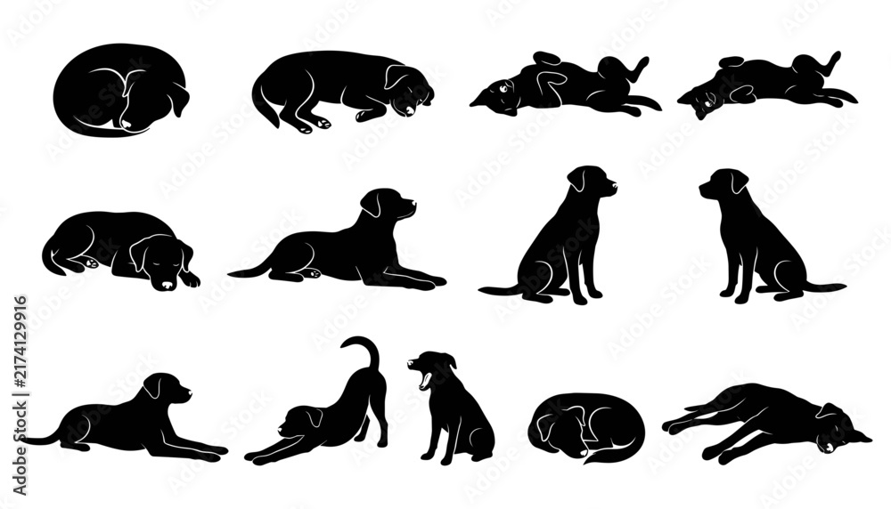 Obraz premium Dog Silhouettes Set, Various Poses and Positions Featuring Silhouette, Animal