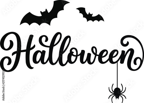 Stylish Halloween typography design featuring the word Halloween in decorative lettering, surrounded by flying bats and a hanging spider. Spooky seasonal illustration isolated on a white background, p