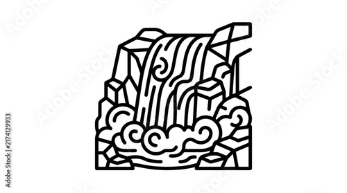 Stylized Waterfall Illustration with Rocks and Mist.