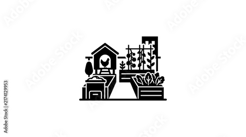 Urban Farming Chicken Coop and Vegetable Garden Icon.