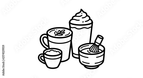 Various hot and cold beverages in cups and bowls.