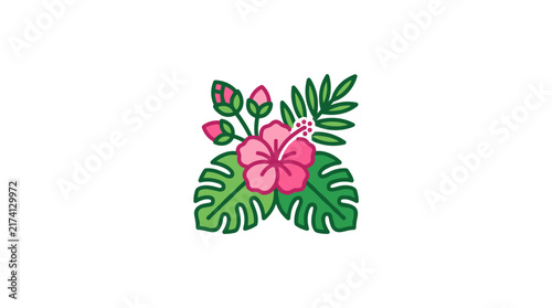 Vibrant Pink Hibiscus Flower with Green Leaves and Buds.