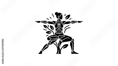 Woman practicing yoga warrior pose with plants.