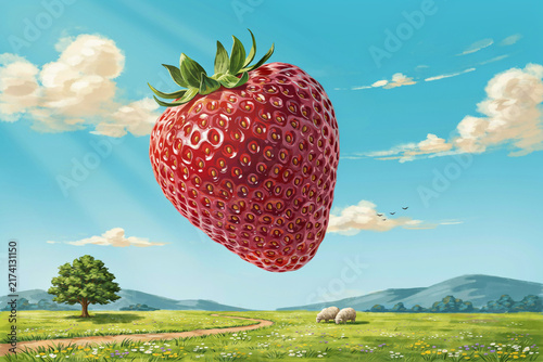 Floating ripe strawberry above green meadow under blue sky with clouds, surreal food photography concept for advertising, packaging or social media