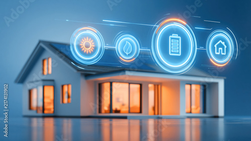 Futuristic smart home interior with glowing energy icons and warm ambient lighting creating high tech cozy living space