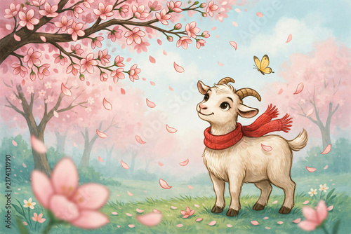 Whimsical spring illustration of cute baby goat with red scarf, pink cherry blossom petals and butterflies in pastel meadow, nursery wall art