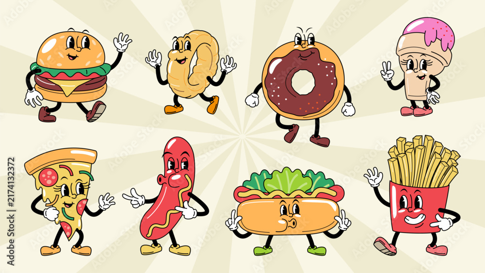 Fototapeta premium Fast food and junk food retro rubber hose cartoon characters set, featuring a burger, crispy onion string, donut, ice cream, pizza slice, hot dog sausage, sandwich hot dog and french fries. Vector.