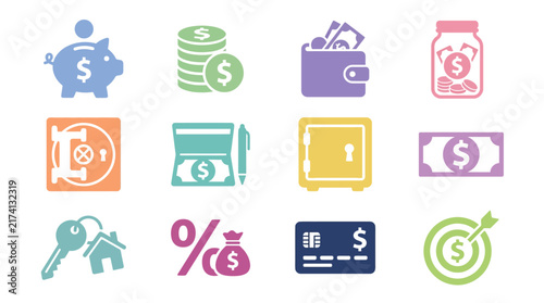 Colorful money and finance icons set.