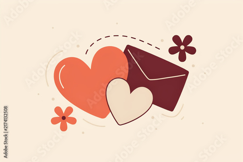 Romantic love message concept with heart shapes and envelope on beige background, minimal flat illustration for Valentine’s Day greeting card or social media