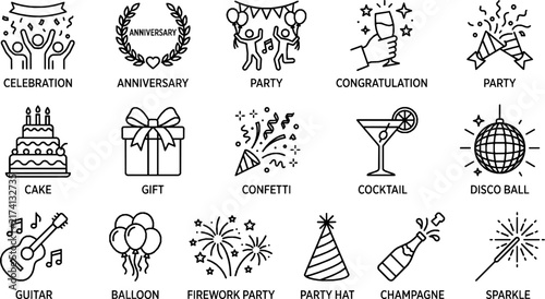 Party and Celebration Line Icons Set - Vector Anniversary, Cake, Gift, and Disco Ball Symbols