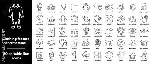 Features and material for clothes and fabric - editable stroke icons.