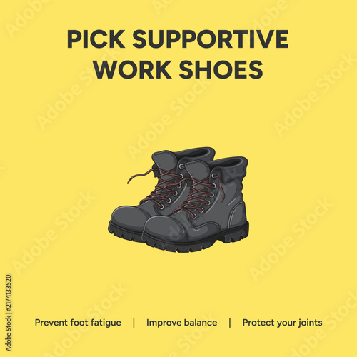 Supportive Work Shoes Vector. Safety Boots Illustration. Occupational Footwear. Industrial Shoe Design. Labor Protection. Yellow Background. Ergonomic Sole. Construction Boot