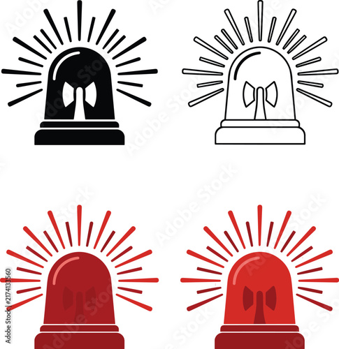 Siren flashing light vector icon set emergency flasher beacon light outline solid red black isolated white background layout design.eps