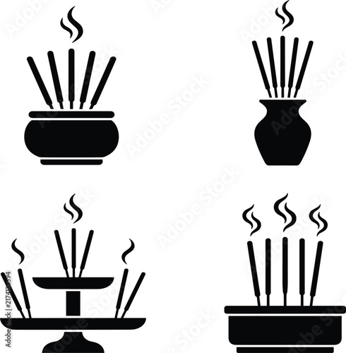 Canvas Print Incense stick holder burner vector icon set joss sticks aroma therapy solid black isolated white background layout design