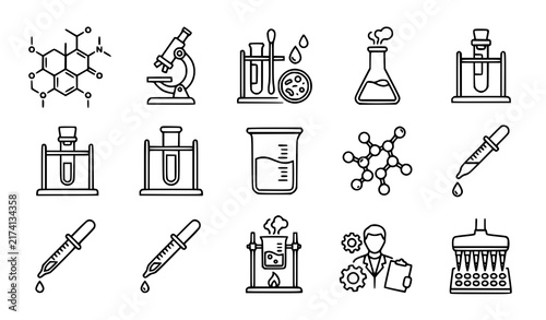 Quality Chemistry and Medical Laboratory Linear Icon Collection Featuring Microscope, Chemical Formula, Reaction Flask, Test Tube, Analysis, and Scientific Research