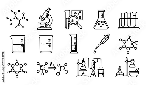 Chemistry Lab and Medical Analysis Linear Icon Set with Chemical Formula, Microscope, Reaction Flask, Test Tube, Beaker, Molecule, and Research Equipment