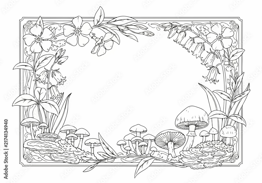 Obraz premium Ornate floral and mushroom border illustration
