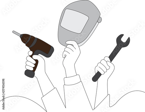 Hands holding a drill welding mask and wrench in a line art illustration