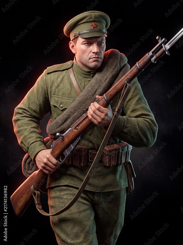 Obraz premium Soldier holding a rifle in military uniform during a historic moment