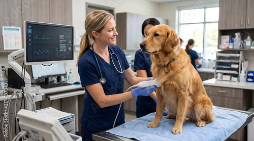 Professional female veterinarian performing an ultrasound scan on a calm golden retriever dog in a modern veterinary clinic, using advanced medical equipment for animal healthcare diagnosis.