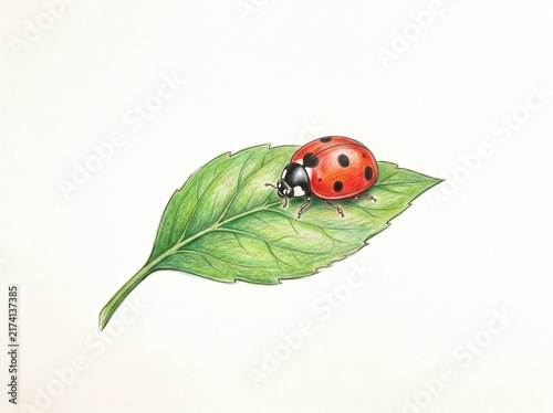Colorful Ladybug on a Green Leaf in Detailed Illustration Style