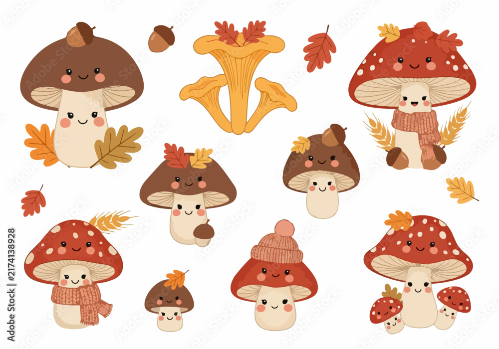 Fototapeta premium Cute cartoon mushrooms with autumn leaves and acorns