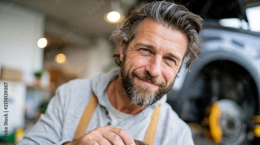 Obraz premium A skilled mechanic smiling confidently while holding a tool in an auto garage, representing professionalism and dedication in the field of automotive repair and maintenance.
