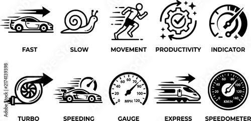 Speed Line Icons Set - Vector Speedometer, Fast, Slow, and Turbo Gauge Symbols