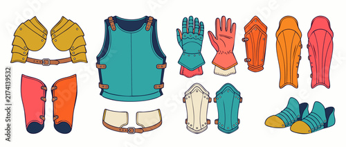 Foto Knight Armor Set Vector Equipment featuring colorful medieval warrior breastplate, gauntlets, pauldrons, greaves, bracers for fantasy RPG game design, comic art, gear icons isolated on white