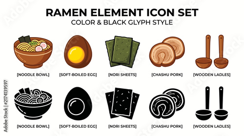 Ramen Element Vector Icon Set Bowls, eggs, pork, nori, and ladles in vibrant color and black glyph styles for Asian cuisine designs