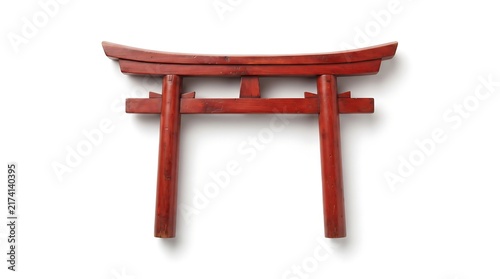 Miniature torii gate, top-down flat lay view, isolated on pure white background, hyperrealistic studio product photography