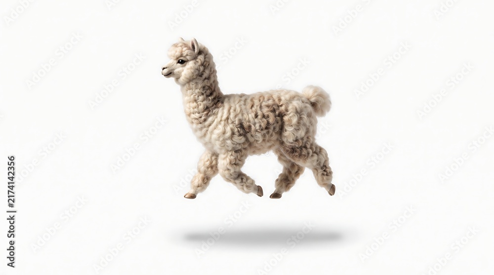 Fototapeta premium Alpaca figurine, floating mid-air view, isolated on pure white background, hyperrealistic studio product photography