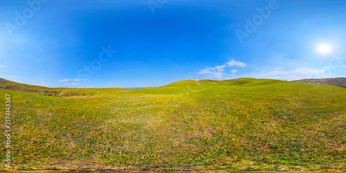 Vast Green Rolling Hills Under Clear Blue Sky Panorama