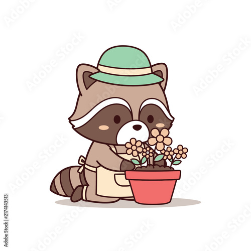 Raccoon Gardener Planting Potted Flowers Flat Cute Vector Illustration