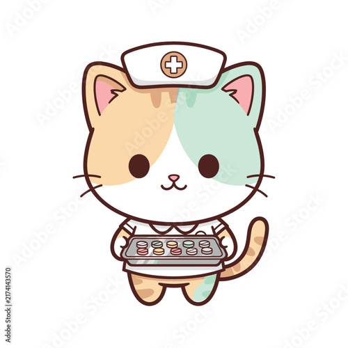 Cat Nurse Kawaii Illustration Holding Pill Tray for Medical Designs
