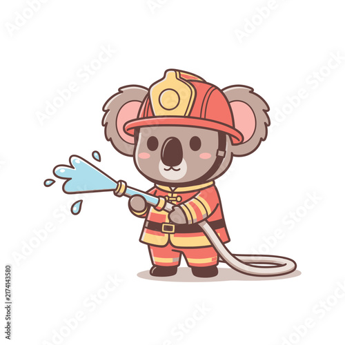 Koala Firefighter Character in Red Turnout Gear Holding Hose