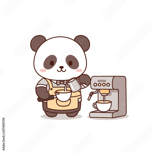 Panda Barista Pouring Milk for Latte Next to Espresso Machine for Cafe