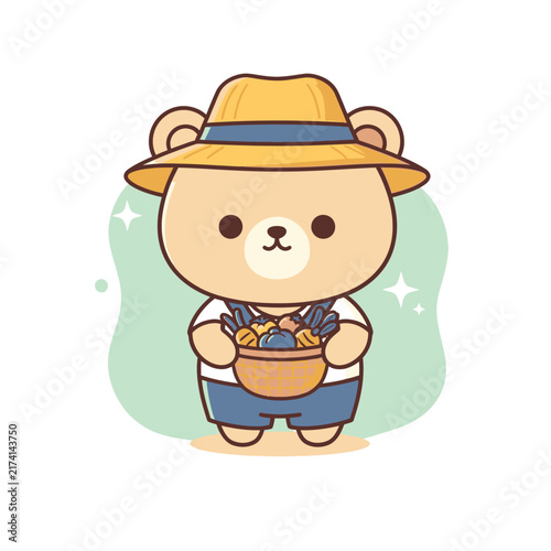 Bear Farmer Character Holding Fruit Basket Cute Vector for Kids Logo
