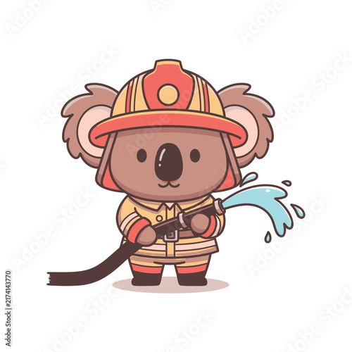 Koala Firefighter Character Spraying Hose in Cute Vector Style