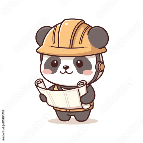 Panda Construction Mascot Holding Blueprint for Kids Branding