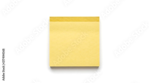 Yellow sticky note pad, top-down flat lay view, isolated on pure white background, hyperrealistic studio product photography