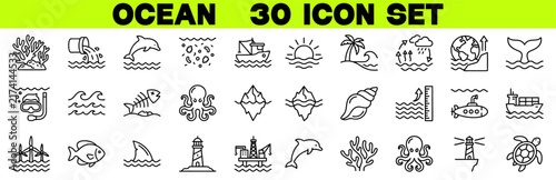 Ocean Line Editable Icon Set – Sea, Marine, Underwater, Beach, Fish Vector Illustration with Editable Stroke