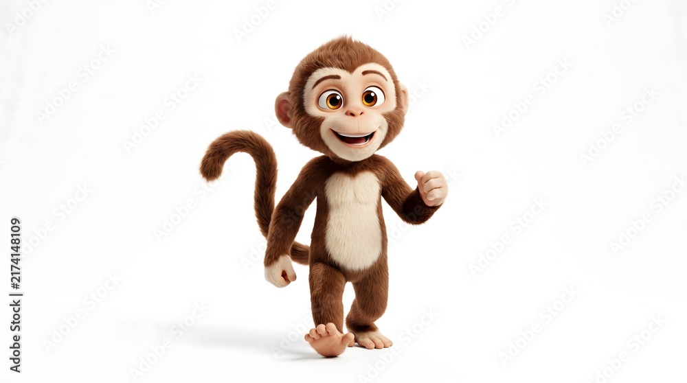 Naklejka premium Cute cartoon monkey character walking happily on a white background.