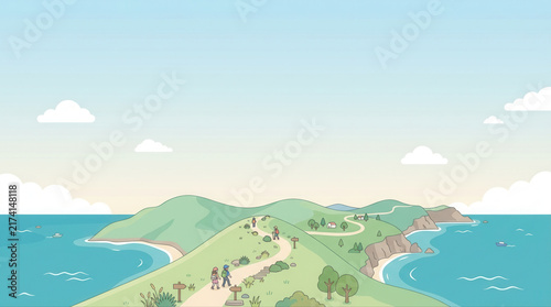 Picturesque coastal trail surrounded by vibrant green hills and a stunning clear blue ocean view